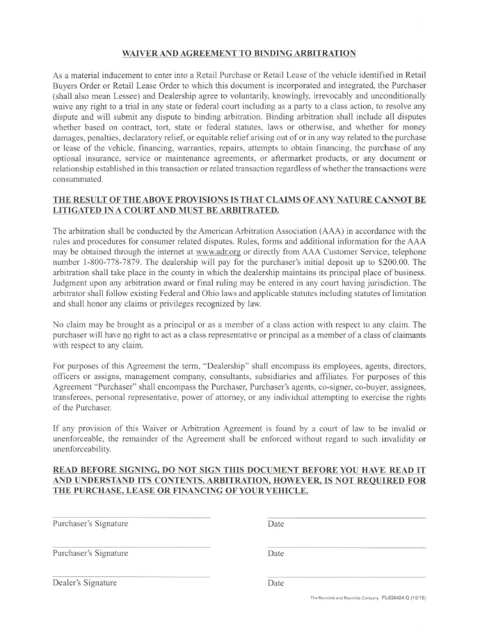 Waiver and Agreement to Binding Arbitration (250)