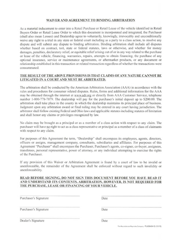 Waiver and Agreement to Binding Arbitration (250)