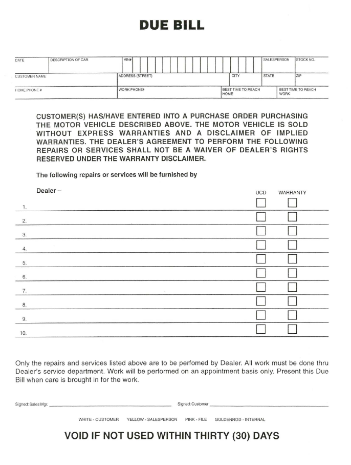 Due Bill Forms (250)