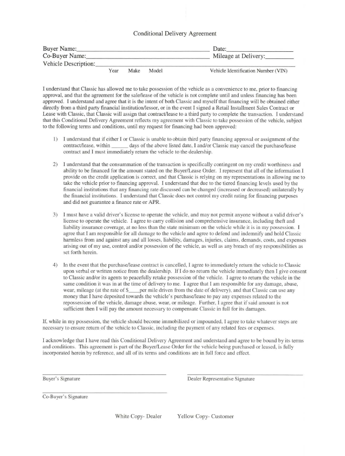 Conditional Delivery Agreement – Classic Supplies